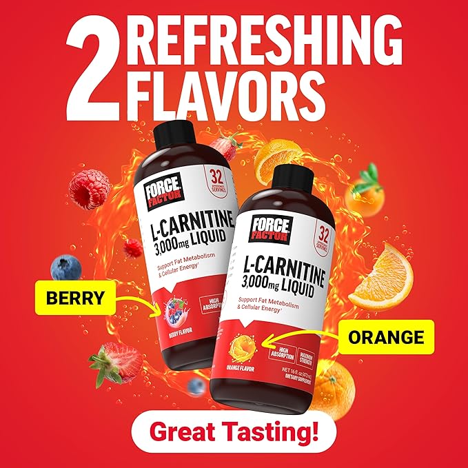 Force Factor L-Carnitine Liquid 3000mg, Maximum Strength Supplement to Support Fat Metabolism, Cellular Energy & Muscle Recovery, High Absorbing, Non-GMO, Orange Flavor, 16 oz Bottle