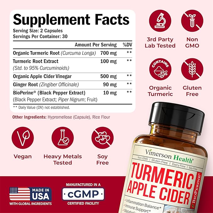Organic Apple Cider Vinegar with Turmeric Curcumin Supplement & Ginger for Digestive Health, Metabolism, Energy & Joint Support – Organic Turmeric & Apple Cider Vinegar Capsules – 60 Vegan Non-GMO