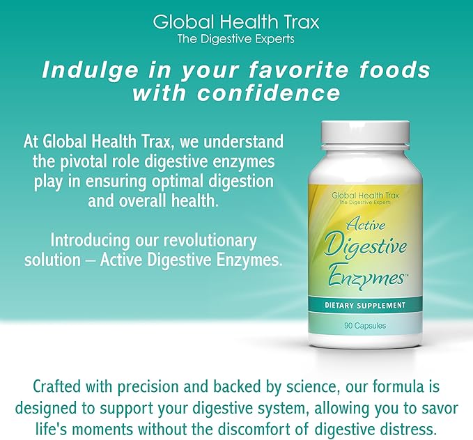 Global Health Trax - Active Digestive Enzymes Supplement, 90 Capsules - Comprehensive Digestive Support with Enzymes to Promote Healthy Digestion for Men and Women