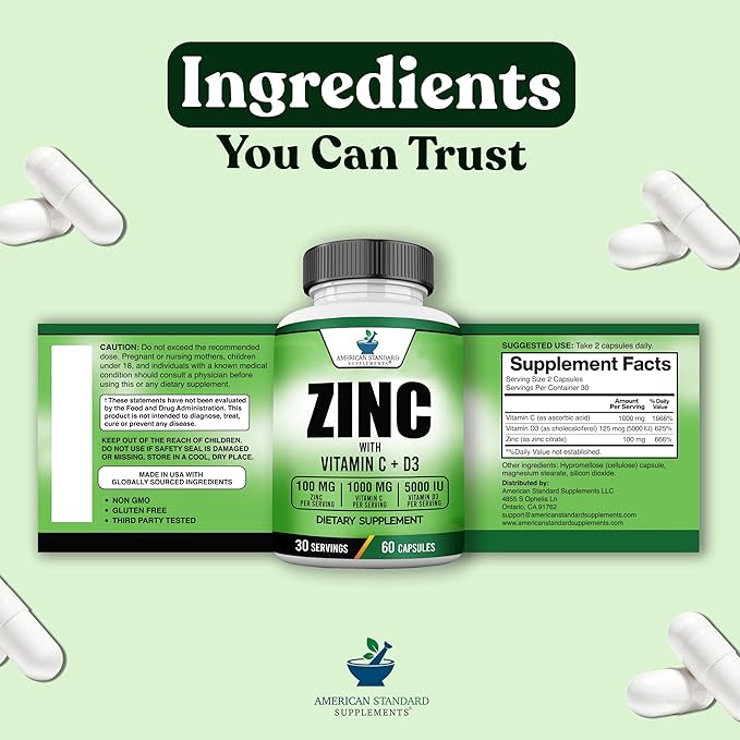 American Standard Supplements Zinc 100mg, Vitamin C 1000mg, and Vitamin D3 5000 IU (125mcg) Per Serving - Gluten Free, Non-GMO, 60 Capsules, 30 Servings