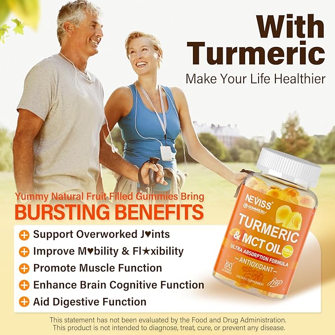 Turmeric Gummies 1000mg w/MCT Oil C8 C10, Organic Antioxidant, Turmeric Curcumin Supplement with Black Pepper Extract, Support Comfort, Boost Energy, Ultra Absorption, Sugar Free, 120Cts