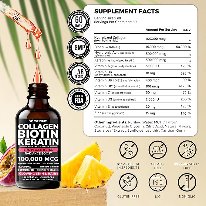 Liquid Biotin and Collagen Peptide Complex with Keratin, Hyaluronic Acid, MCT Oil, Zinc, Vitamins B6, B7, B12, A, C, D3, E - Hair, Skin, and Stronger Nails Supplement for Women and Men