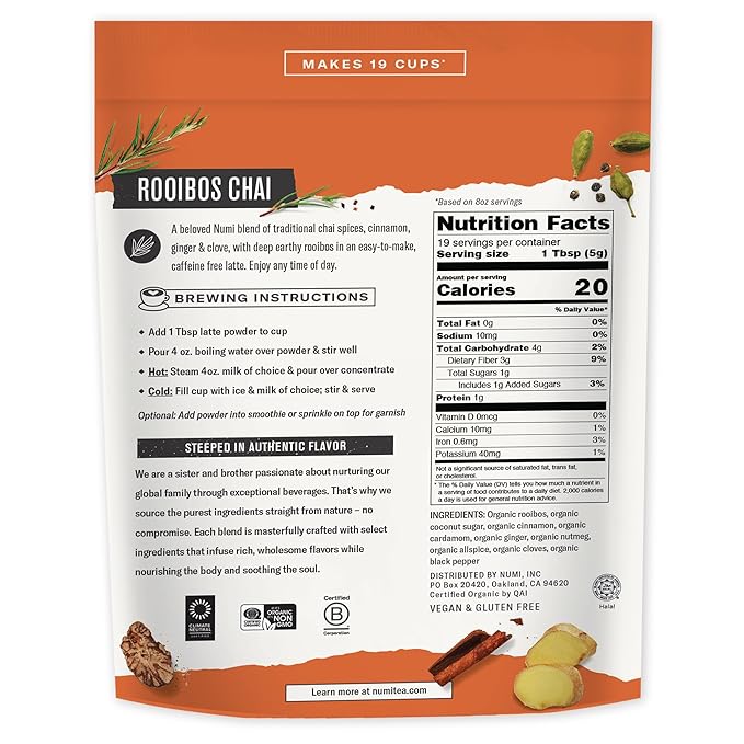 Numi Tea - Organic Rooibos Chai Tea Latte Powder – Rooibos Chai Latte Mix with Cinnamon, Cardamom & Cloves – Caffeine Free, Vegan & Gluten Free, 3.5 oz (Makes 19 Cups)