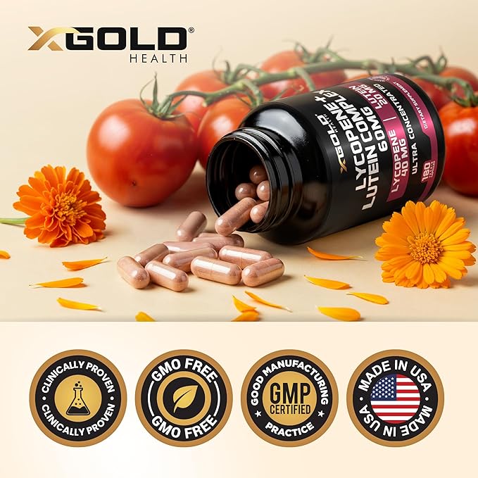 Lycopene + Lutein Supplement 60mg – 40mg Lycopene (Tomato Extract) + 20mg Lutein – Eye Health & Vision Support – Antioxidant for Skin & Cellular Health – Non-GMO, Vegan – 180 Capsules