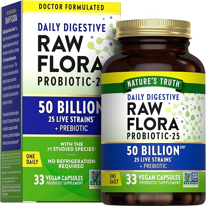 Raw Flora Probiotics with Prebiotics | 50 Billion CFU | 33 Daily Digestive Capsules | Vegan, Non-GMO & Gluten Free Supplement for Women and Men