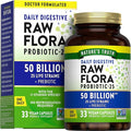 Raw Flora Probiotics with Prebiotics | 50 Billion CFU | 33 Daily Digestive Capsules | Vegan, Non-GMO & Gluten Free Supplement for Women and Men