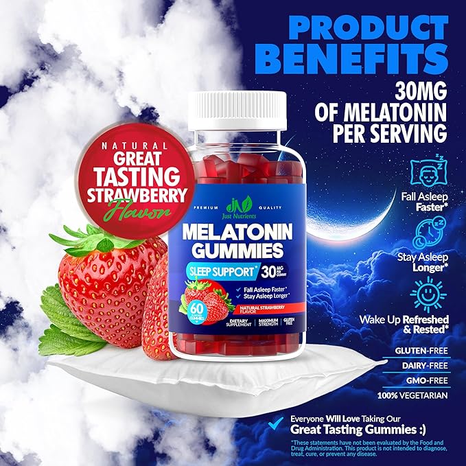 Melatonin 30mg Gummies for Adults (60 Servings) - Maximum Strength Sleep Support with 30mg of Melatonin Per Gummy - Gluten-Free, Sugar-Free, Non-GMO, 100% Vegetarian, Strawberry Flavor - 60 Gummies