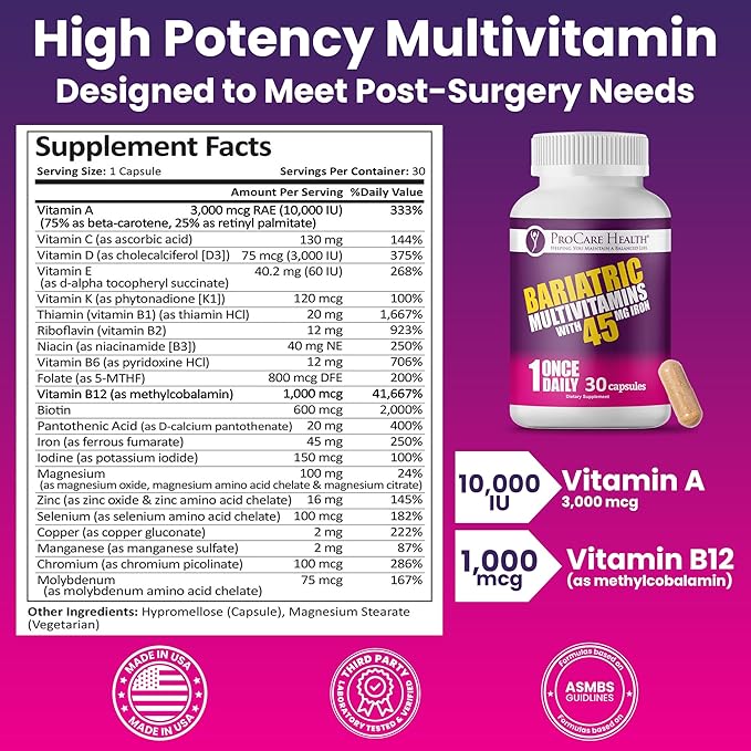 ProCare Health Bariatric Multivitamin with 45mg Iron (30 Easy to Swallow Capsules) - Once Daily Post-Op Support for Gastric Bypass & Sleeve with 1 Month Supply, No Artificial Colors, Gluten-Free