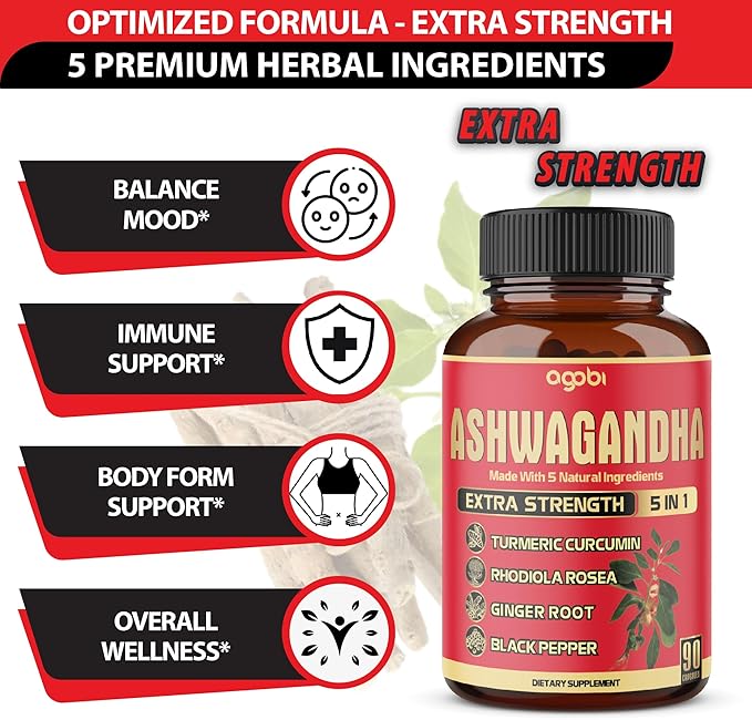 90 Capsules - Ashwagandha Supplement Capsules - Ginger Root, Turmeric, Rhodiola Rosea & Black Pepper