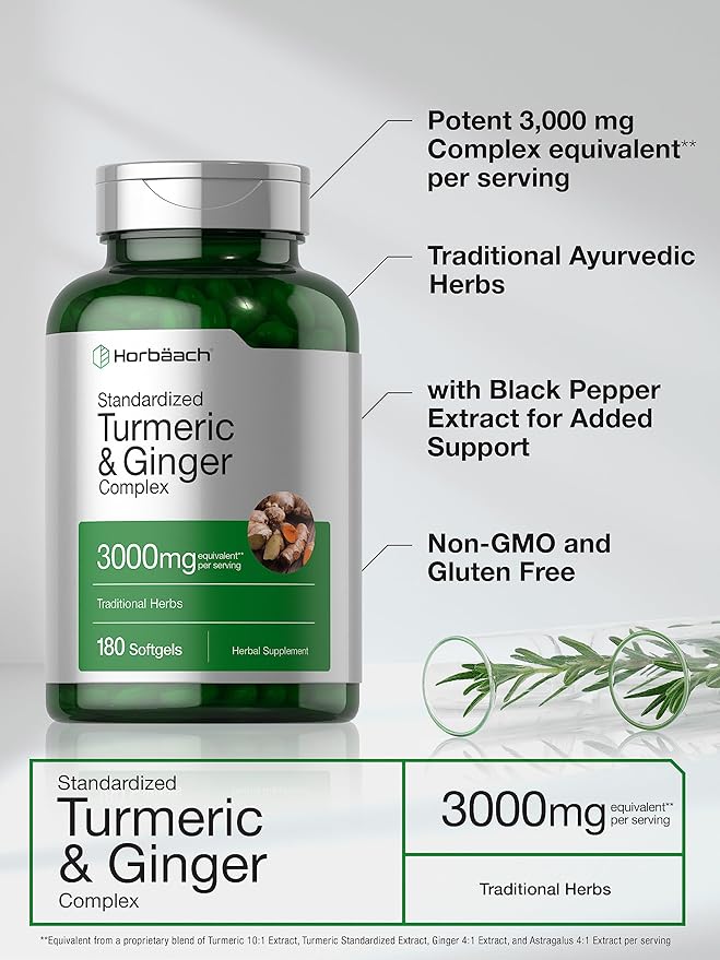 Horbäach Turmeric and Ginger Supplement | 180 Softgel Pills | with Black Pepper Extract | Non-GMO, Gluten Free Supplement