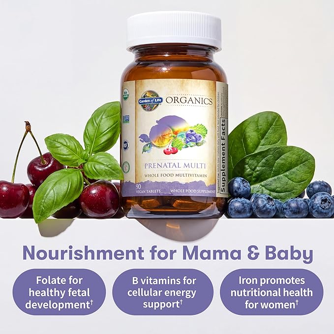 Garden of Life Organics Prenatal Multivitamin with Folate, B6, B12, D3 & Iron – Prenatal Vitamins for Women with Energy Metabolism Support for Healthy Fetal Development, Non-GMO, Vegan, 30 Servings