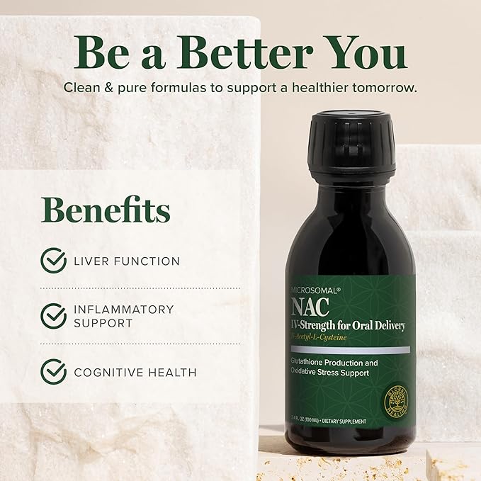 Global Healing Pure Liquid Microsomal NAC Supplement N-Acetyl-Cysteine 650mg for Glutathione Production, Liver Support & Detox, Antioxidant & Immunity, NAC 600mg Alternative, Liquid Drops (3.4 Oz)