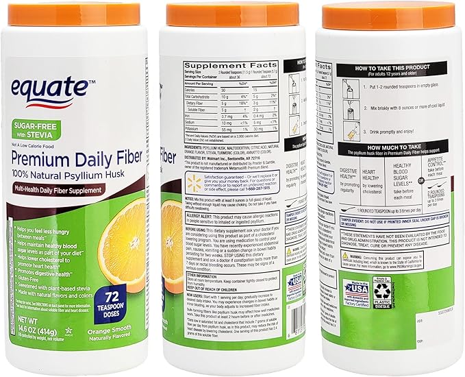 Equate Premium Daily Fiber Psyllium Husk Sugar-Free with Stevia 14 OZ Over 70 Teaspoon Doses - Orange Flavor and Vital Volumes Constipation Tips Card - Bundle