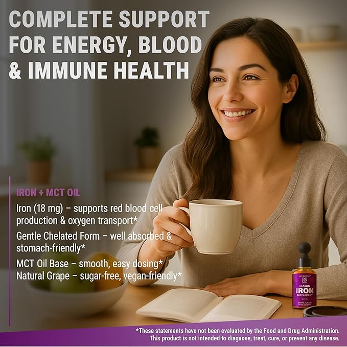 Iron Supplement for Women & Men Free Blood Builder, Iron Vitamin for Anemia | Liquid Iron Drops for Adults with MCT Oil, Natural Grape Flavor, Faster Absorption & Immune Support (2 Fl Oz)