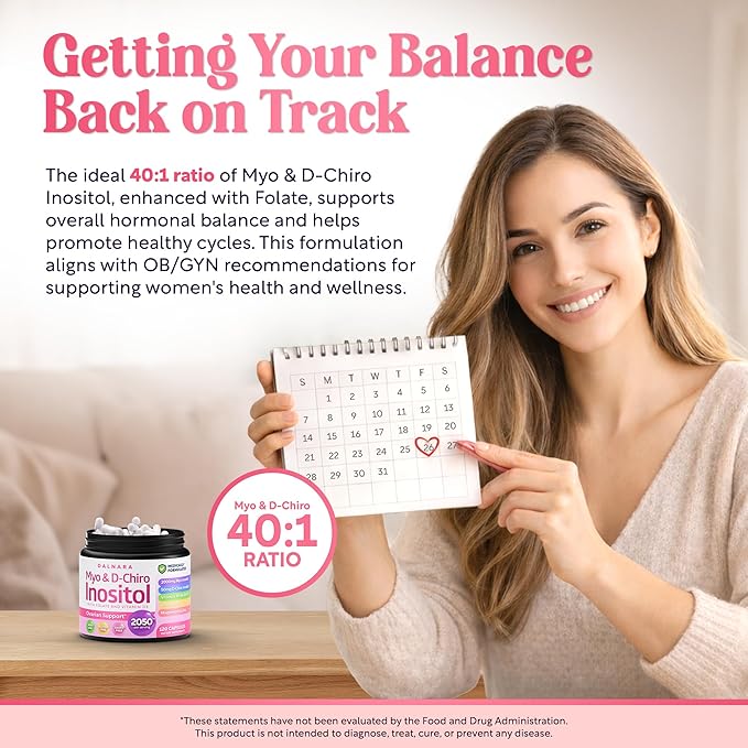 Myo-Inositol & D-Chiro Inositol Supplement for Women - 40:1 Ratio Inositol Capsules with Folate, Vitamin D3, Magnesium & Zinc - Ovarian Support Inositol Multivitamin - 2050mg, 120 Count