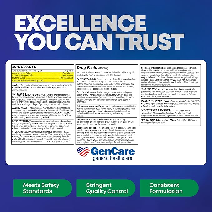 GenCare - Headache Relief Acetaminophen with Aspirin (NSAID) & Caffeine (200 Caplets) Value Pack | Head Pain, Muscle Aches, Back Pain & Body | Generic Excedren Extra Strength