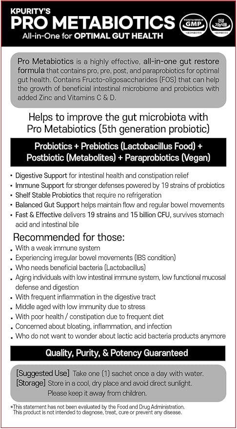 KPurity Prometabiotics All-in-One for Optimal Gut Health 5g x 30 Sticks Powder Probiotics Prebiotics 15 Billion CFU 19 Strains Immune Support Digestive Health Supplement