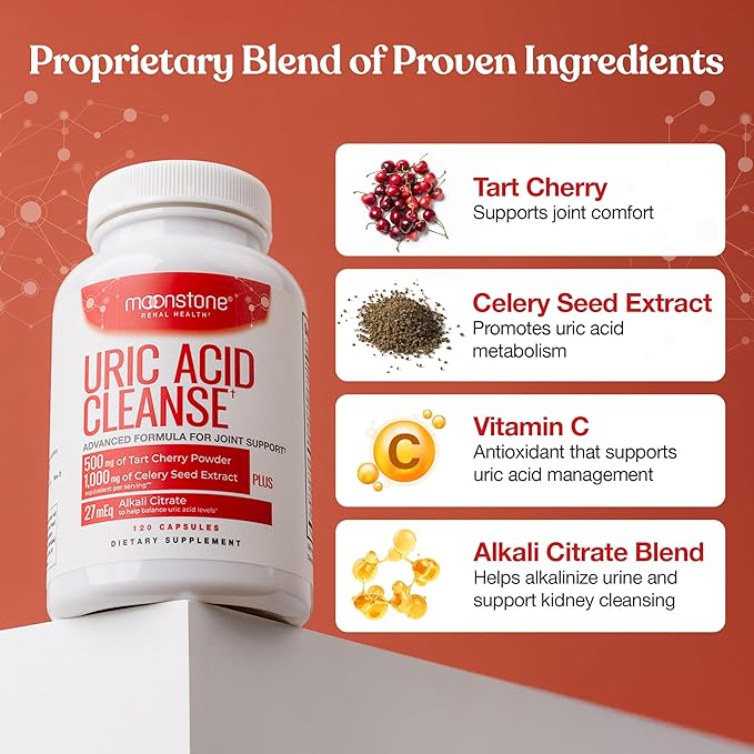 Moonstone Uric Acid Cleanse | Kidney Detox and Joint Support | Tart Cherry Powder, Celery Seed Extract & Alkali Citrate Complex | Urinary Alkalinization | Vegan & Gluten Free Supplements | 120 CT