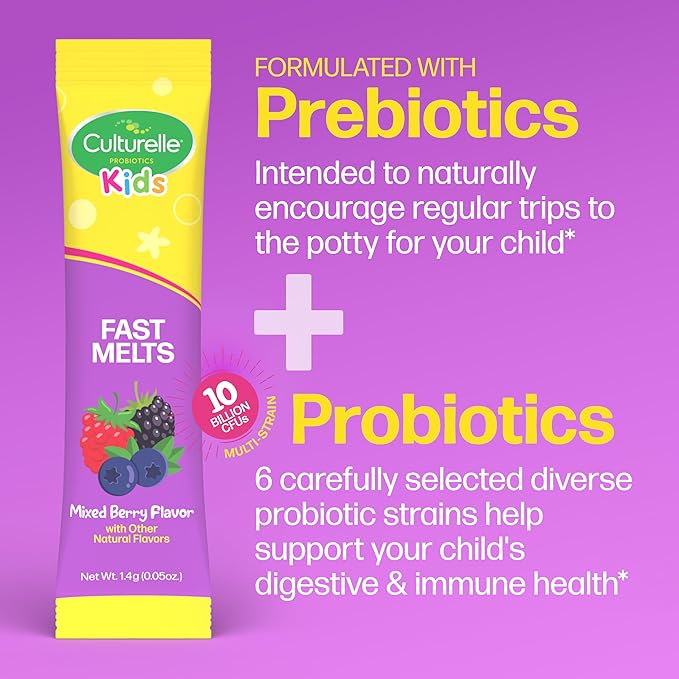 Culturelle® Kids Complete Probiotics Fast Melts Mixed Berry Flavor 30 Count Sugar Free‡ Prebiotic + Probiotic Powder for Digestive and Immune Health, Supports Daily Regularity *