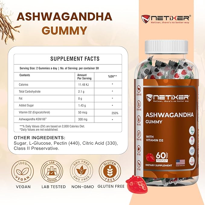 Ashwagandha Gummies – Vegan, Strawberry Flavor – with KSM-66 300mg & Vitamin D2 50mcg – Gluten-Free, Gelatin-Free, Non-GMO – 60 Gummies – Adaptogen Supplement for Adults