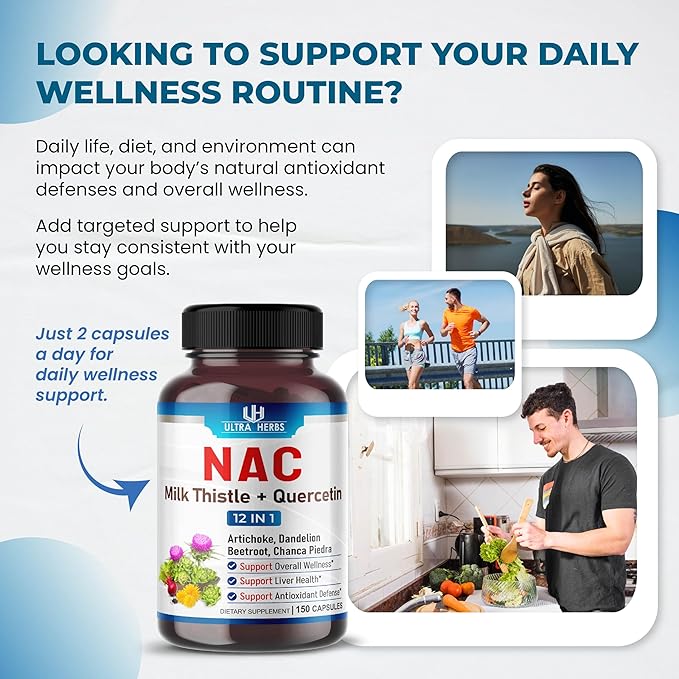 NAC Supplement N-Aetyl Cysteine Enriched with Milk Thistle, Quercetin - Support Immunity, Respiratory Health & Liver Detox | 150 Capsules