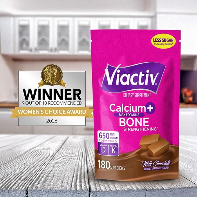 Viactiv Calcium + Vitamin D Supplement Soft Chews for Women & Men - Chewable Calcium for Bone Health Support, 650 mg per Serving, Vitamin D & K for High Absorption - 180 Count, Milk Chocolate