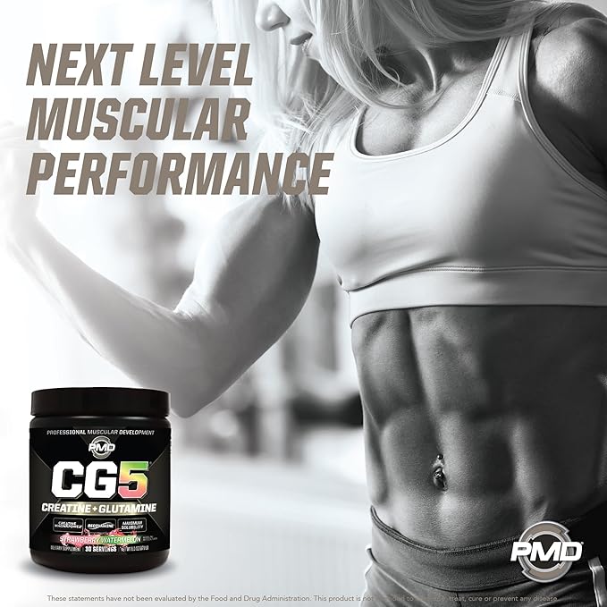 PMD Sports CG5 Premium Creatine & L Glutamine Powder, Power Recovery, Build Lean Muscle, Increase Workout Performance, Maximum Strength Pre Workout & Post Workout, Strawberry Watermelon, 30 Servings