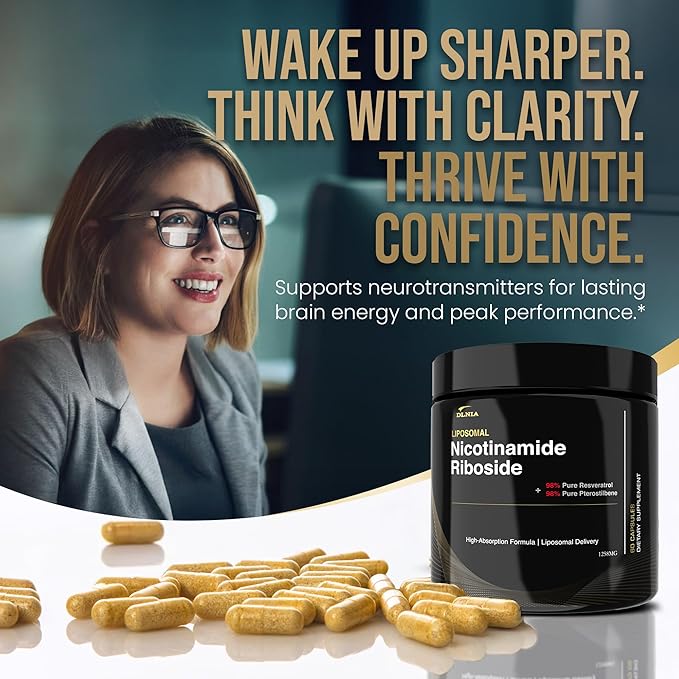 DLNIA Liposomal NAD+ Supplement & NMN Alternative | Nicotinamide Riboside (NR) 1258 mg with Resveratrol, Quercetin, Pterostilbene & CoQ10-12-Nutrient High-Absorption Cellular Energy & Healthy Aging