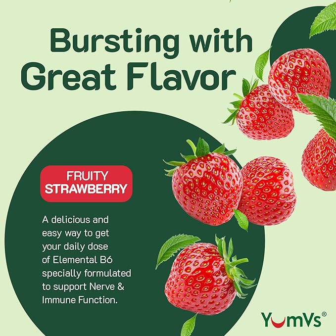 YUM-V'S Vitamin B6 Gummies - High Potency Vitamin B6 100mg - Strawberry Flavor B6 Vitamins Gummies - Nerve & Immune Function, Non GMO Kosher, 60 Count - 2 Pack