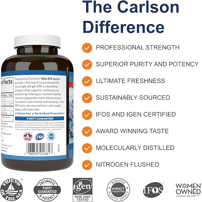 Carlson - Elite EPA Gems, 1000 mg EPA Fish Oil, Wild-Caught, Norwegian Fish Oil, Sustainably Sourced, Helps Maintain Healthy Triglyceride Levels, 120 Softgels