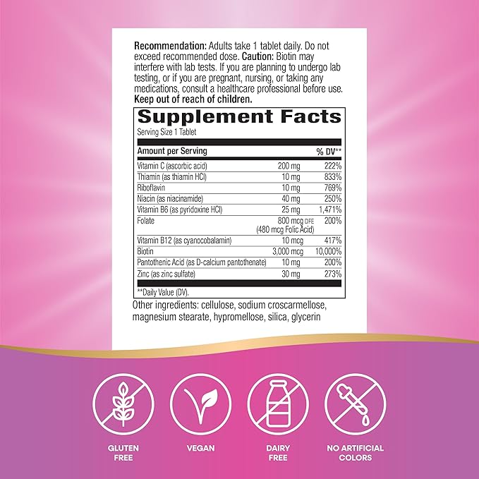Nature's Way Biotin Forte, Supports Healthy Hair, Skin & Nails*, Hair Skin and Nails Vitamins*, 3000 mcg Biotin per Serving, with Zinc, Vitamin C, B-Vitamins, 60 Tablets (Packaging May Vary)