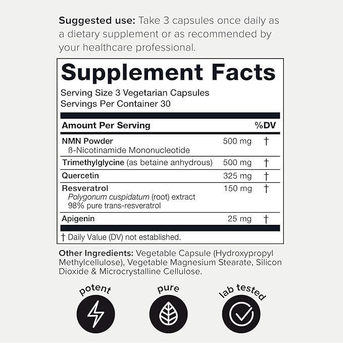 1500mg NMN Supplement with Resveratrol – High Potency Nicotinamide Mononucleotide 500mg with Trimethylglycine, Quercetin, Resveratrol & Apigenin – Pure NMN Capsules – Third-Party Tested – 30 Servings