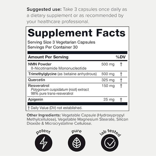 1500mg NMN Supplement with Resveratrol – High Potency Nicotinamide Mononucleotide 500mg with Trimethylglycine, Quercetin, Resveratrol & Apigenin – Pure NMN Capsules – Third-Party Tested – 30 Servings