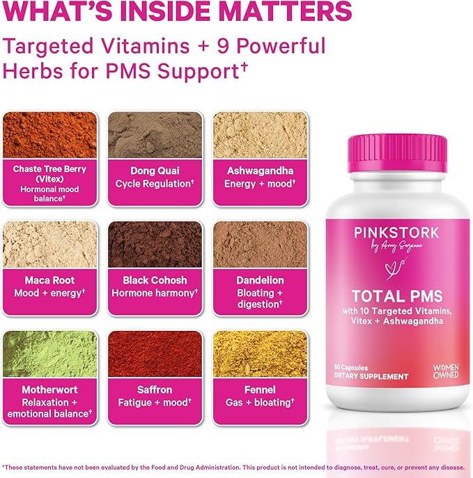 Pink Stork PMS Supplement for Women - Vitex, Ashwagandha, Maca Root & 10 Vitamins & Minerals to Support Hormone Balance, Mood, Bloating, Period Regularity - 60 Capsules