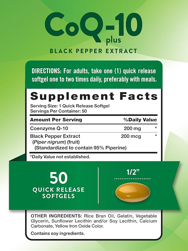 Nature's Truth CoQ10 200mg Softgels | 50 Count | Enhanced Absorption Supplement | Plus Black Pepper Extract | Non-GMO, Gluten Free