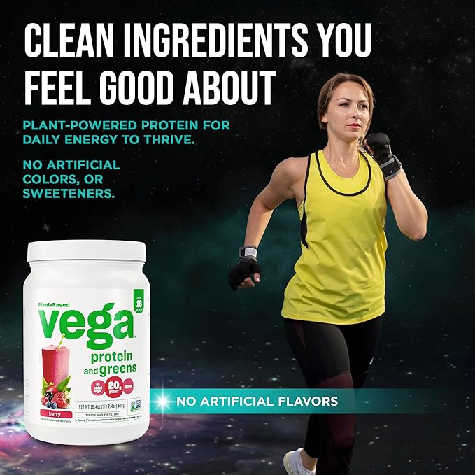 Vega Premium Protein + Supergreens, Berry – 20g Vegan Protein, Dairy & Gluten Free, 19.2 oz (18 Servings)