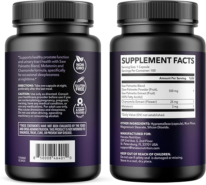 Saw Palmetto PM for Men with Melatonin 3mg - Night Time Prostate Health Supplement for Bladder and Sleep Support - Reduce Urinary Frequency - 100 Count - Vegan, Non-GMO Capsules - Over 3 Month Supply