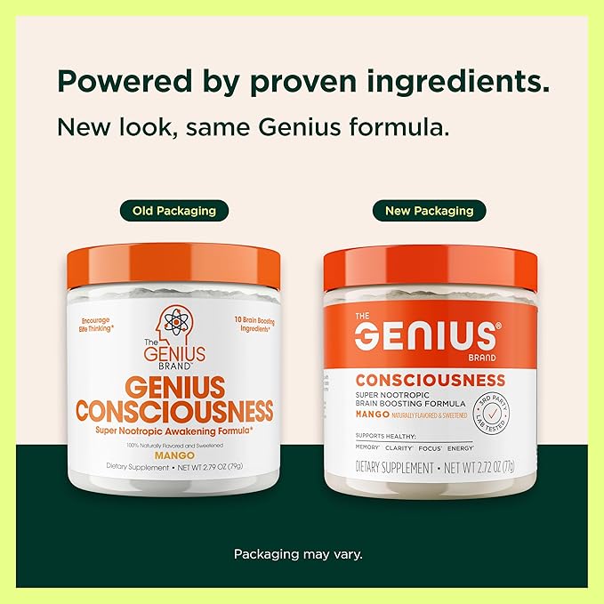 Genius Consciousness, Super Nootropic Brain Supplement Powder, Mango - Boost Focus, Cognitive Function, Concentration & Memory Booster - Alpha GPC & Lions Mane Mushroom for Neuro Energy & IQ