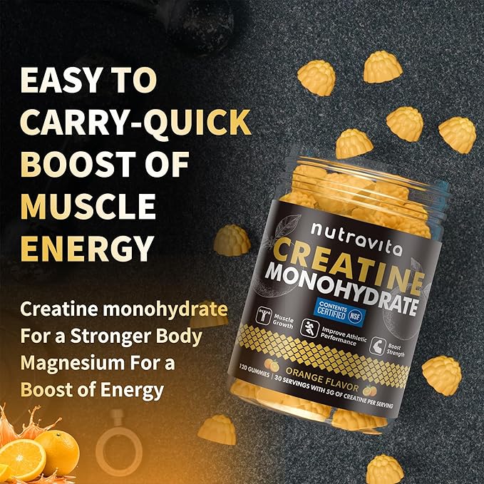 Nutravita Creatine Monohydrate Gummies for Men & Women-5g of Creatine Monohydrate per Serving - Sugar Free,Vegan, Orange Flavor, 120 Count