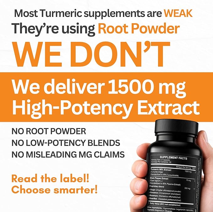 Turmeric Curcumin Extract 1500mg – Full Dose of 95% Curcuminoids with Black Pepper Ginger & Cinnamon – High Absorption Turmeric Supplement – Non-GMO Natural Capsules