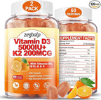 2Packs Vitamin D3 K2 Gummies for Adults, Sugar-Free Vitamin D3 5000IU + K2(MK-7) 200mcg Supplement with Vitamin B Complex & Vitamin C E Supports Bone, Muscle, Teeth & Immune, Vegan, Gluten Free