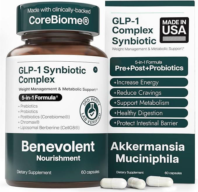 Benevolent Glp-1 Support | 5-in-1 Synbiotic with Akkermansia, MetSyn®, Chromax® & Liposomal Berberine | Natural GLP 1 Probiotics Supplement for Weight Management & Metabolic Balance, 60 Ct