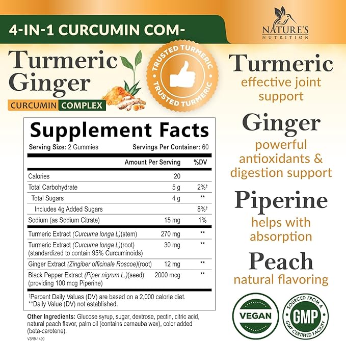 Turmeric Curcumin Supplement Gummies - 95% Curcuminoids with Turmeric & Ginger, Black Pepper for Best Absorption, Nature's Vegan Joint Support, Non-GMO, Gluten Free, Tasty Peach Flavor - 120 Gummies