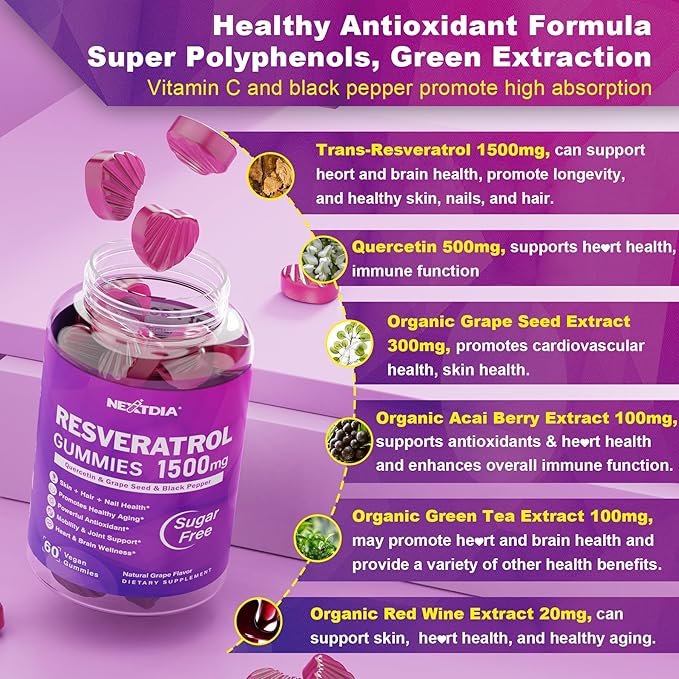 Resveratrol Supplement 1500mg - Resveratrol Gummies Supports NAD⁺, NMN & NMNH Synergy, with Quercetin, Grape Seed, Acai Berries Extracts for Antioxidant, Healthy Aging & longevity, Skin, Brain - 1Pcs
