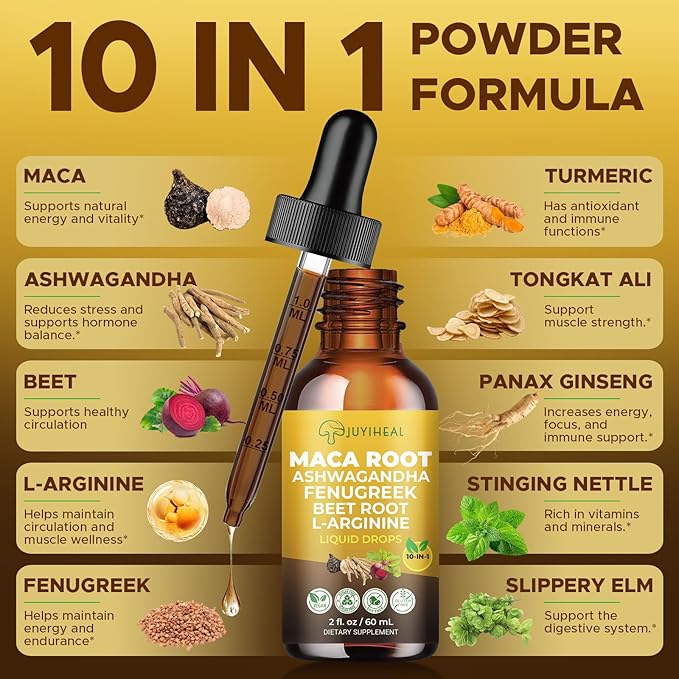 10-in-1 Maca Root Liquid Drops, Maca Root with Ashwagandha, Nettle, Fenugreek, Beet Root, and L-Arginine, Maca Supplement for Overall Support - 2 fl oz