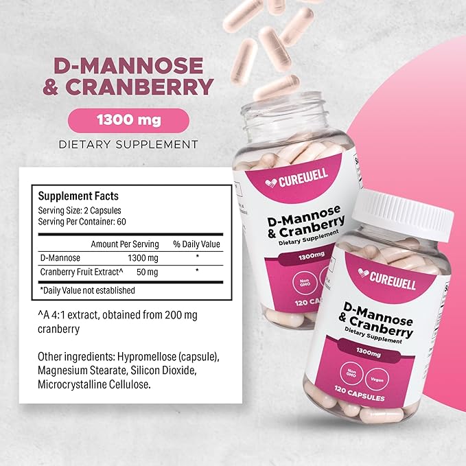 D-Mannose & Cranberry 1300mg (120 Capsules) | Vegan & Non-GMO Urinary Tract Health Supplement | UTI Defense & Bladder Support | Natural Urinary Cleanse & Immune Support | Pack of 2