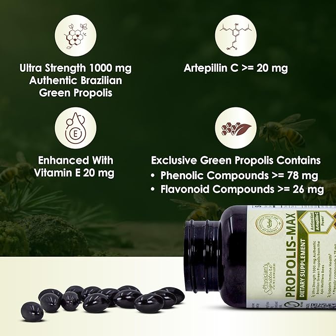 Rawleigh Propolis Max: 60 Vegetarian Softgels - Brazilian Green Propolis with Phenolic, Flavonoid & Artepillin C Compounds & Vitamin E - Supports Immunity, Wellness