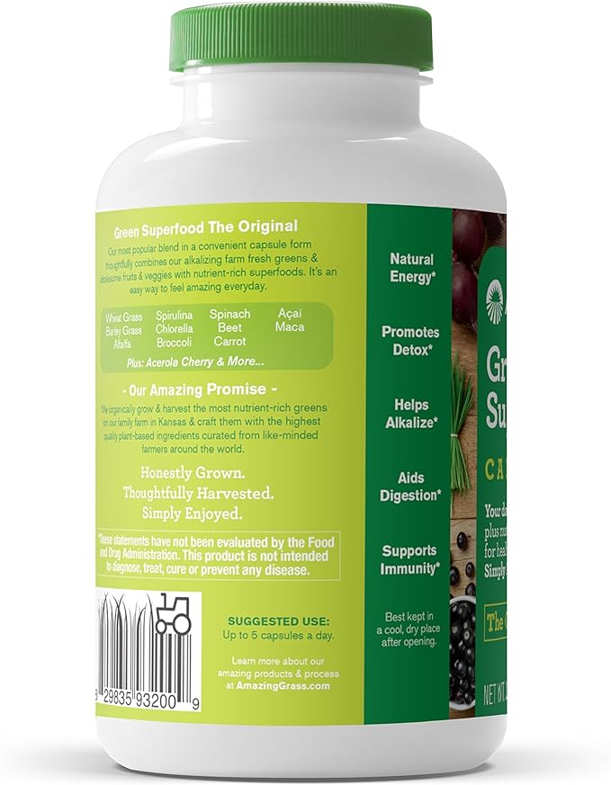 Amazing Grass Greens Blend Superfood Capsules: Super Greens with Organic Spirulina,Chlorella,Beet Root Powder,Digestive Enzymes & Probiotics,150 Capsules (Packaging May Vary),(Pack of 2)