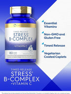 Carlyle Stress B-Complex Vitamin | 180 Vegetarian Caplets | with Vitamin C | Non-GMO & Gluten Free Supplement