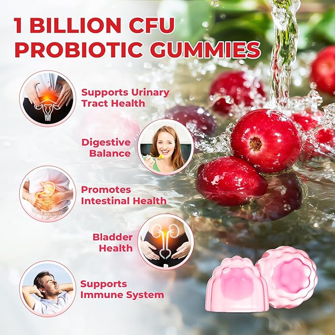 Cranberry Gummies with Probiotics & D-Mannose for Women & Men – Bladder & Urinary Tract Health, Digestive & Immune Support, Sugar Free, Vegan, Non-GMO, 60 Count